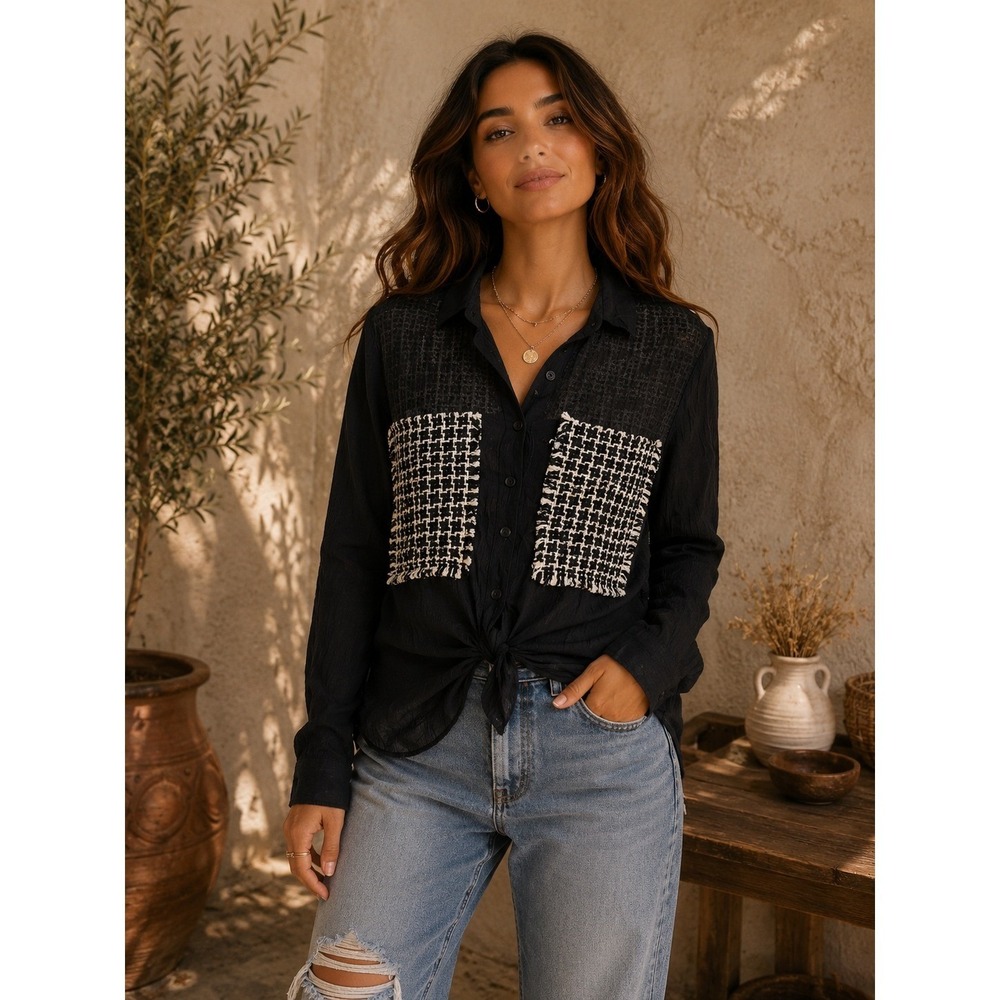 Zara Shirt Womens Small Black Tweed Patchwork Button Down Dark Academia Goth
